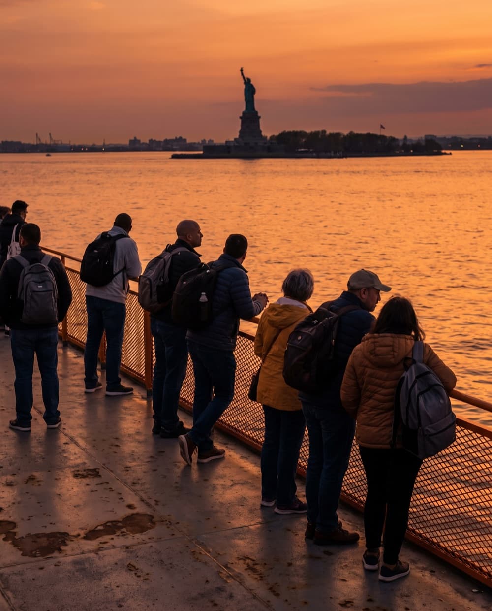 Passeggeri al parapetto dello Staten Island Ferry, la Statua della Libertà sullo sfondo al tramonto