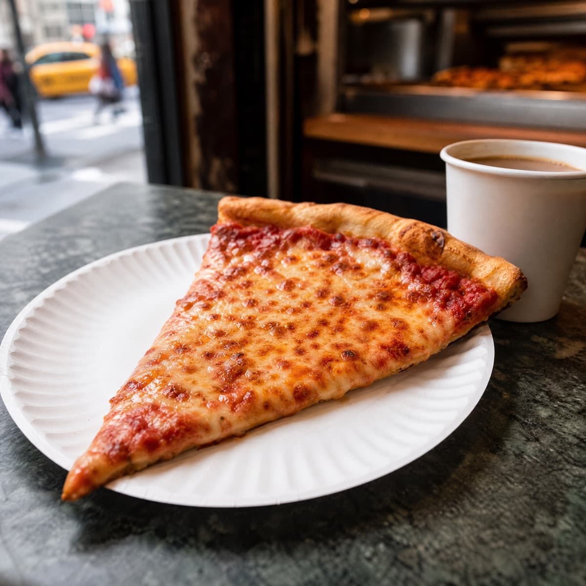 Un trancio di pizza newyorkese e un caffè sul bancone